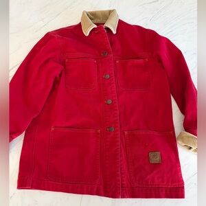 Ralph lauren jeans red jacket denim coat button corduroy collar tan trim s